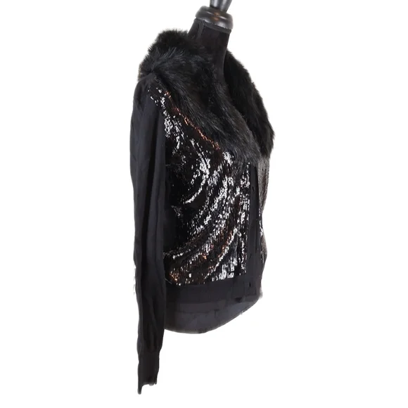 Jones New York Petite Black Fur Collar Wool Blend Sequins Cardigan Sz PM NWT - Picture 6 of 9